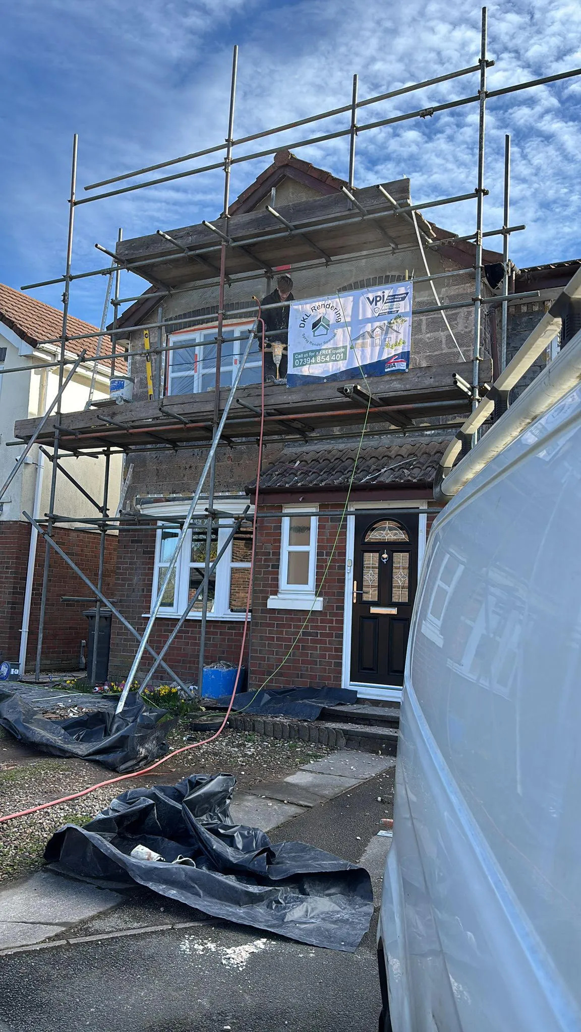 Pebble dash to modern render conversion with scaffolding in Lancashire